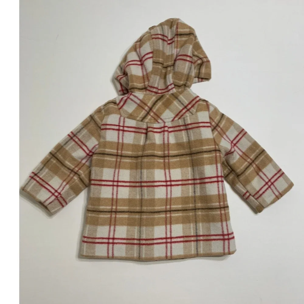 Old Navy VTG Pea Coat Plaid Hooded Button Front Pockets Tan 6-12 months